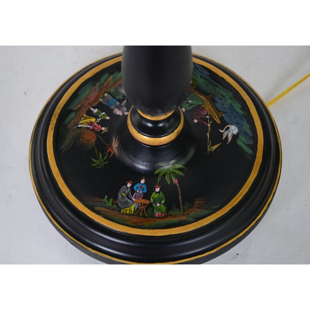 Wood Vintage Black Pillar Wood Hand-Painted Color Chinoiseries Pattern Floor Lamp For Sale - Image 7 of 8
