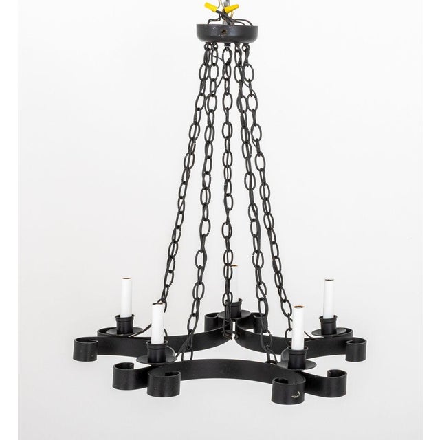 French Gothic Style Wrought Iron Scroll Form Five Light Chandelier, 20th century. 28" H x 22" Diameter. Provenance: From a...