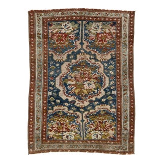 19th Century Antique Malayer Rug With Floral Medallion in Indigo, Terracotta & Sage For Sale