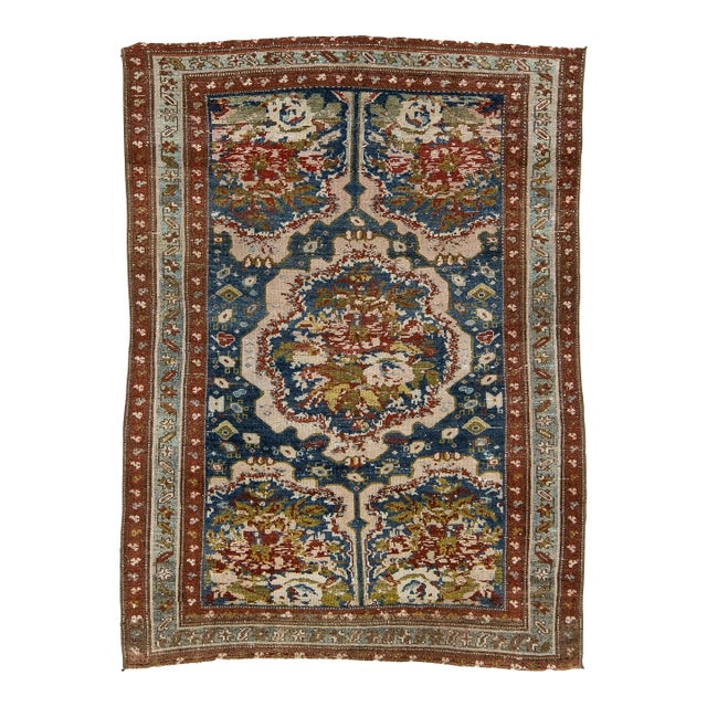 19th Century Antique Malayer Rug With Floral Medallion in Indigo, Terracotta & Sage For Sale
