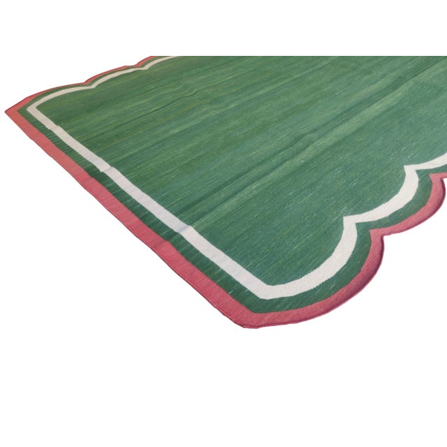 Mid-Century Modern Handmade Cotton Scalloped Rug, Green with Cream and Raspberry Border - 6'x9' For Sale - Image 3 of 9