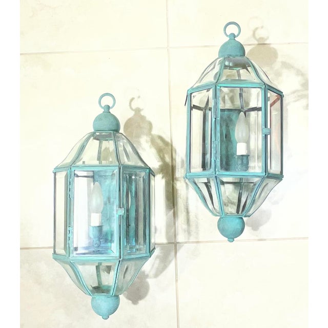 Metal Pair of Vintage Solid Brass & Beveled Glass Wall Lantern - Sconces - Verdigris For Sale - Image 7 of 17