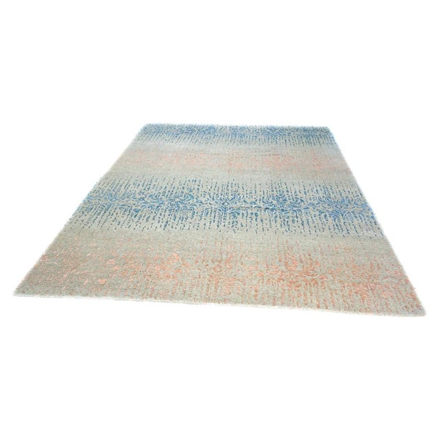 Nepalese Modern Wool & Silk 9X12 Grey, Blue & Pink Handmade Area Rug #1143453 For Sale - Image 4 of 6
