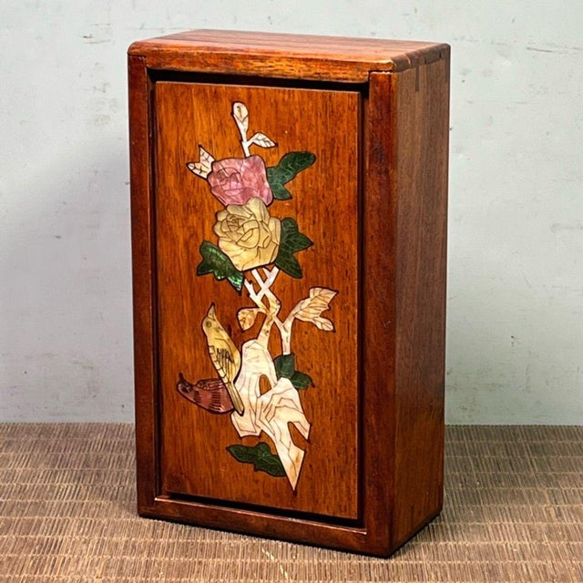 1980s Vintage Pearwood Secret Mechanism Jewelry Box, Mother of Pearl Bird & Floral Inlay, Chinoiserie Keepsake Box For Sale - Image 5 of 9