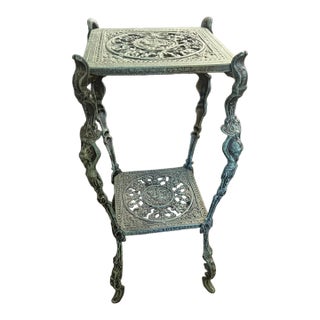 Vintage Aluminum Figural Leg Verdigris Two Tier Plant Stand For Sale