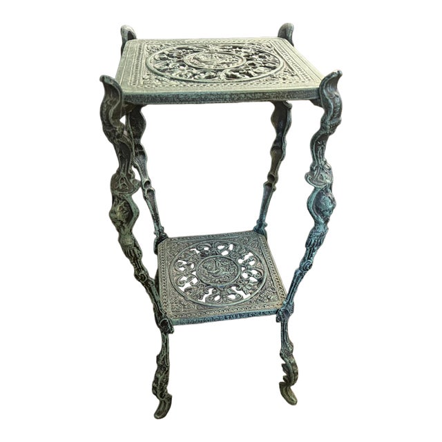 Vintage Aluminum Figural Leg Verdigris Two Tier Plant Stand For Sale