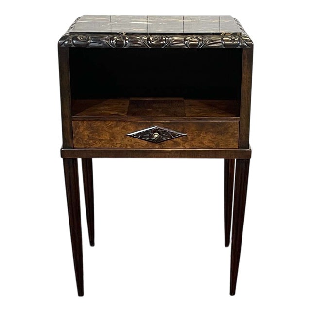 Art Deco Bedside Table in Rosewood and Walnut Burl with Marble Top For Sale