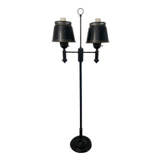 Antique Toleware Black Floor Lamp With Double Glass Chimney Lights and Original Metal Shades For Sale