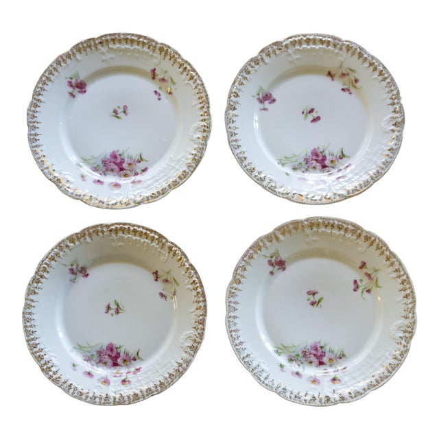 1890s German Ct Carl Tielsch Hand Painted Porcelain Floral Dessert or Salad Plates For Sale