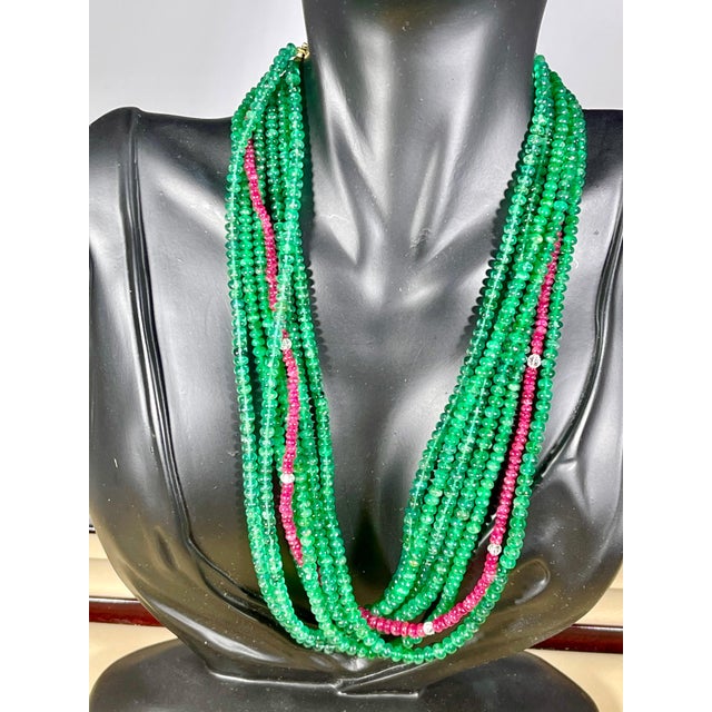 360 Carat Emerald, Burma Ruby and Diamond Beads Necklace 18 Karat Yellow Gold For Sale - Image 10 of 18
