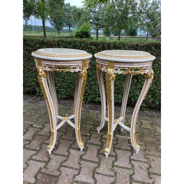1970s French Louis XVI Antique/White Cream Gold Marble Side Tables- Pair For Sale - Image 14 of 14