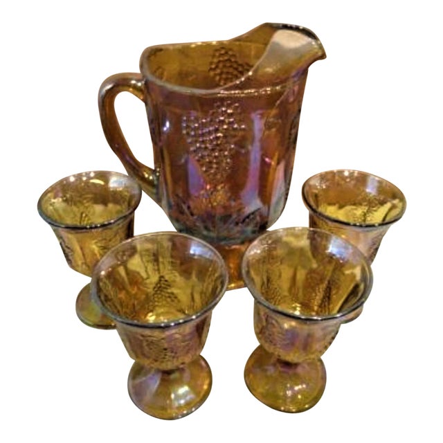 Vintage Harvest Grape Pattern Indiana Glass Co. Carnival Glass Pitcher & Goblets- 5 Pieces For Sale