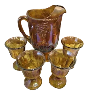 Vintage Harvest Grape Pattern Indiana Glass Co. Carnival Glass Pitcher & Goblets- 5 Pieces