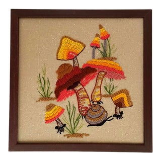1970s Framed Mushroom Crewel Embroidery Needlepoint For Sale