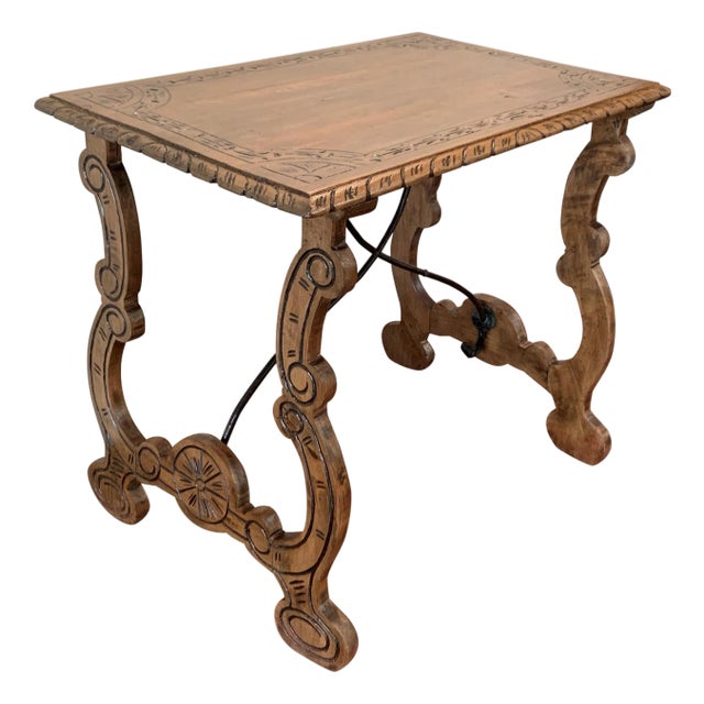 Side Table of Chestnut with Carved Lyre Legs, Spanish, 19th Century For Sale