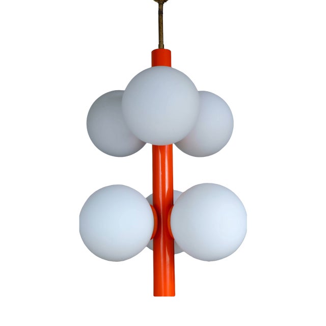 Atomic Sputnik Pendant Light with Orange Rod and White Opaline Globes from Kaiser-Leuchten, 1970s For Sale