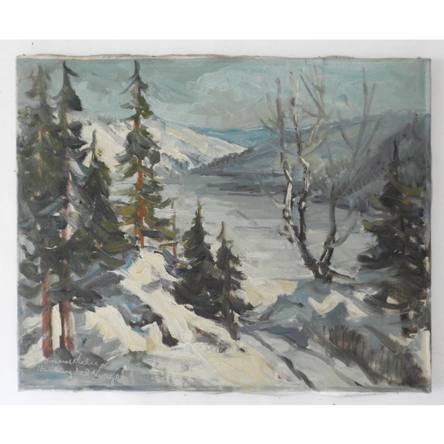 Textile Vintage Norwegian Snowy Winter Forest Landscape Painting For Sale - Image 7 of 8