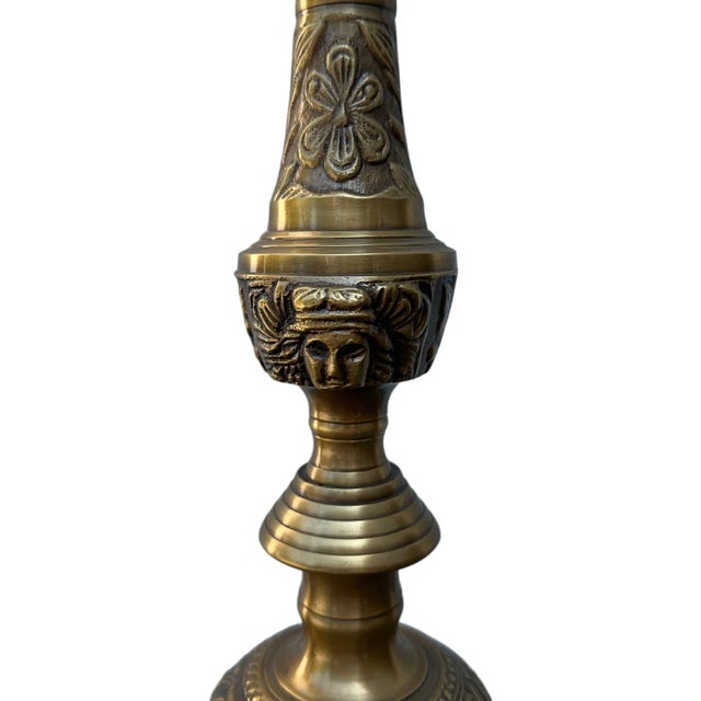 Antique Castilian Art Nouveau Ornate Pique-Cierge Brass Candle Holders 24" H This is a pair of tall antique early 20th...