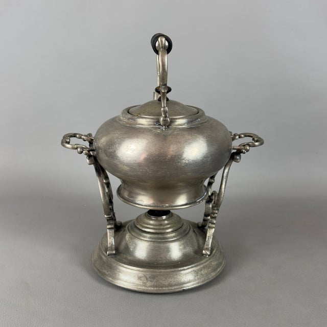 Vintage Tilting Teapot Samovar Food Warmer in Silver Metal For Sale - Image 3 of 11