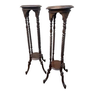 Early 20th Century Victorian Carved Mahogany or Walnut Plant Pedestal Stands Display Columns Torchieres With Turned Legs, a Pair For Sale