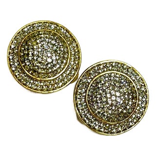 1980s Les Bernard Gold-Tone Pavé Rhinestone Domed Statement Clip Earrings, Pair For Sale