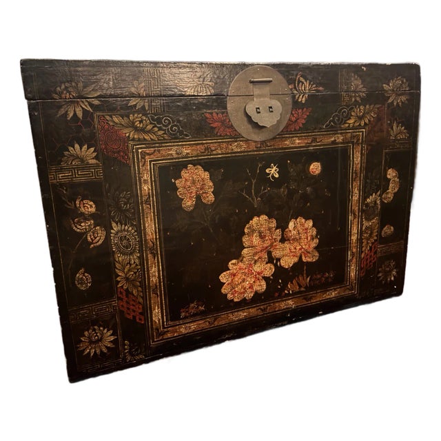 19th Century Chinese Black Lacquer Wedding Trunk With Hand Painted Peony Motifs For Sale