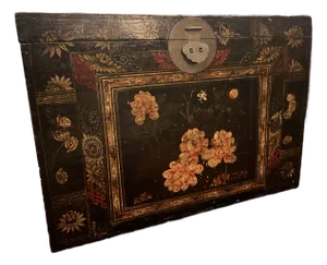 19th Century Chinese Black Lacquer Wedding Trunk With Hand Painted Peony Motifs