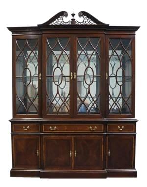 Pennsylvania House Banded Mahogany Traditional Chippendale Style 71" Breakfront Lighted Display China Cabinet 13-3607