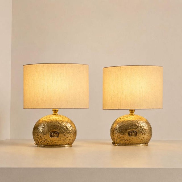 Metal Italian Lamps in Cast Brass with Oval Lampshades, 1970s, Set of 2 For Sale - Image 7 of 9