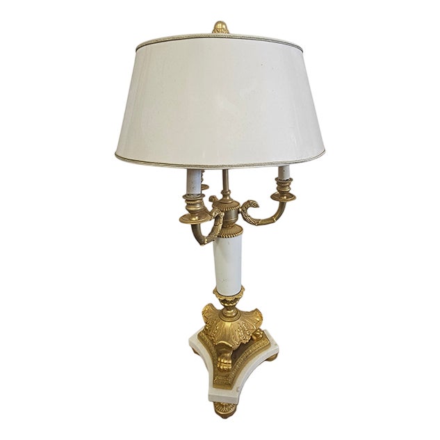 Three-Light Table Lamp in Bronze and White Marble, 1960s For Sale