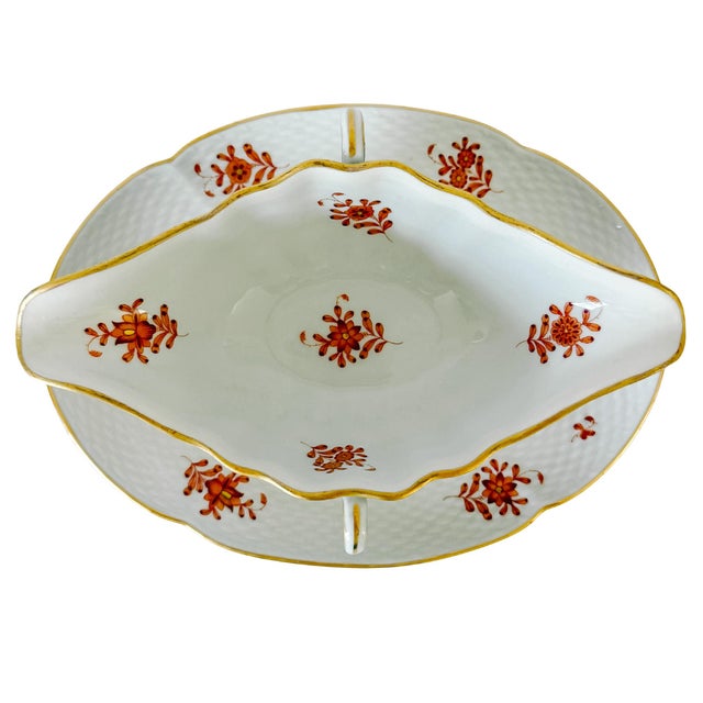 Herend Chinese Bouquet Rust Gravy Boat With Attached Plate & Lid and Rose Finial For Sale - Image 9 of 14
