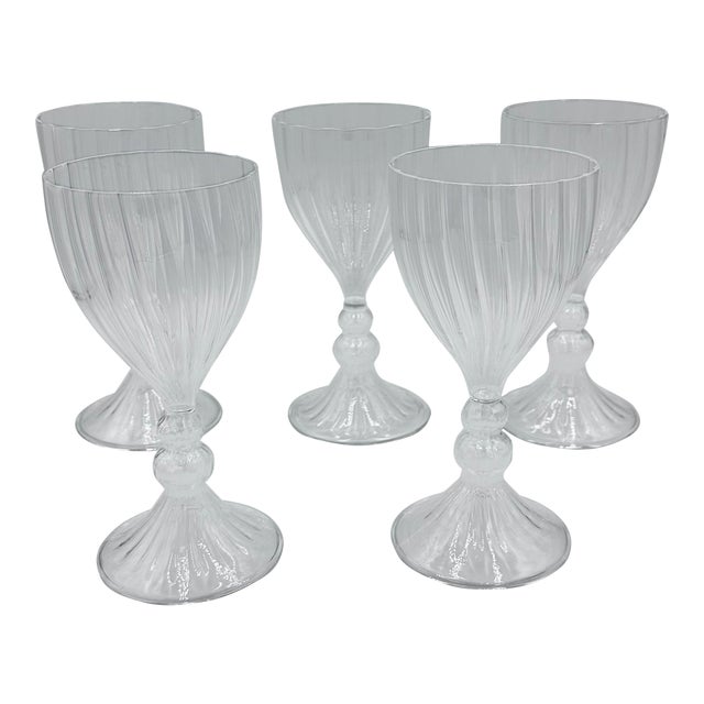 Vintage Murano Venetian Hand Blown Art Glass Bubble Stem Goblets - Set of 5 For Sale