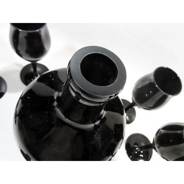 1970s Midcentury All Black Glass Wine Decanter & Goblets Set- 7 Pieces For Sale In Denver - Image 6 of 9