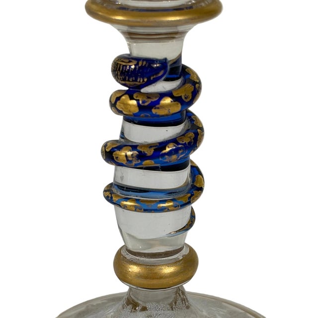 Art Nouveau Bohemian Art Glass Wine Glasses With Cobalt Serpent Attributed to Harrach Bohemian Glass For Sale - Image 3 of 9