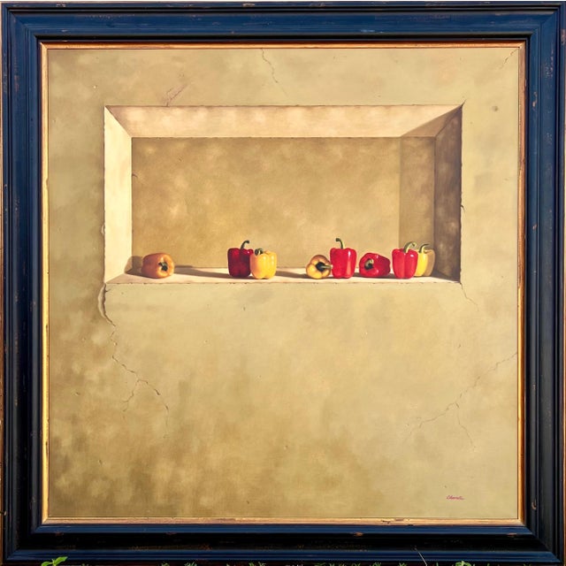 Textile Rene Chavelle, Large Trompe L'oeil Oil Painting Rene Chavelle Belgian Photo Realist Peppers, c.1980's For Sale - Image 7 of 15