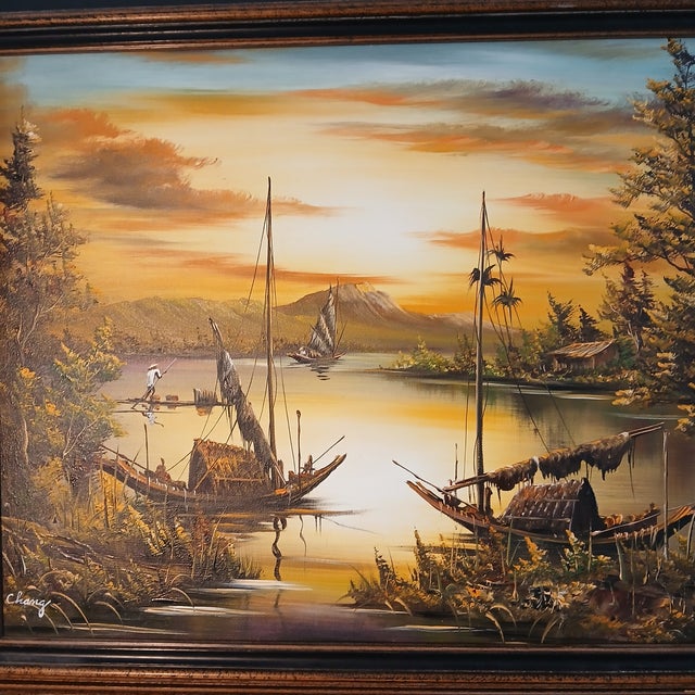Chinese 1970s Chinese Junks in a Cove, Evening - A Pair of Oils on Canvas by Chang For Sale - Image 3 of 5