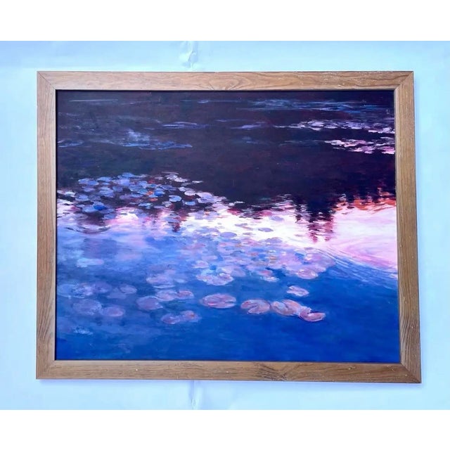 Impressionist Vintage Impressionist Water Lily Pond Oil Painting in Cobalt Blue & Violet For Sale - Image 3 of 5