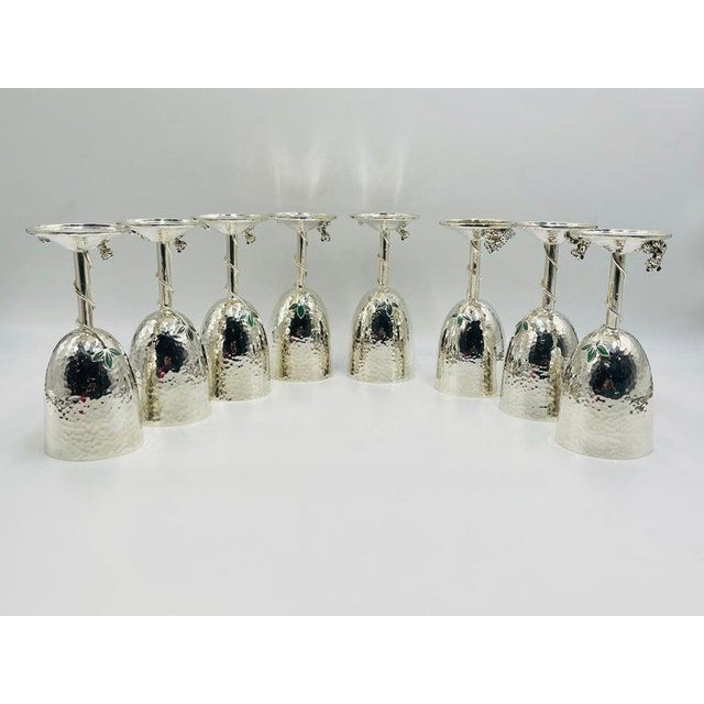 Metal 1980s Set of 8 Silver Plated & Crushed Emerald Wine/Water Goblets by Emilia Castillo For Sale - Image 7 of 18