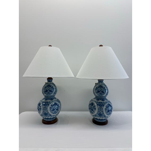 Late 20th Century Pair of Ralph Lauren Home Blue & White Porcelain Double Gourd Table Lamps With White Shades For Sale - Image 11 of 11