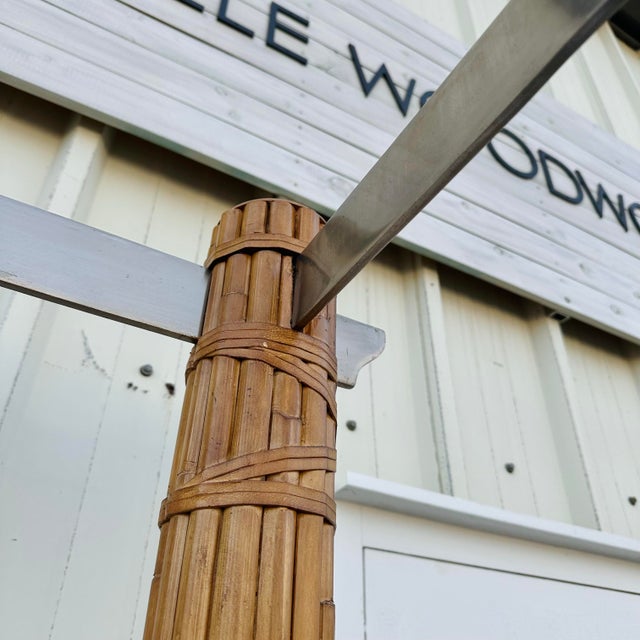 Bamboo Queen Poster Bed with Steel Canopy and Cream Linen Fabric For Sale - Image 9 of 11