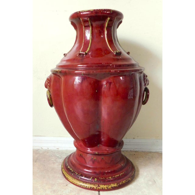 Large 25" Ornate Bombay Red Stoneware Figural Lion Handle Urn Vase For Sale In West Palm - Image 6 of 17