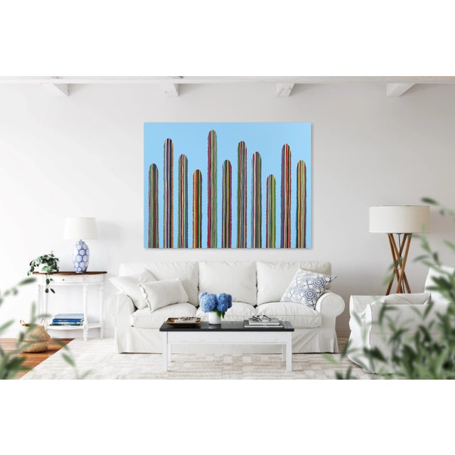 Blue Rainbow Cacti - Large Oversized Original Southwest Inspired Artwork on Canvas, Signed For Sale - Image 8 of 9