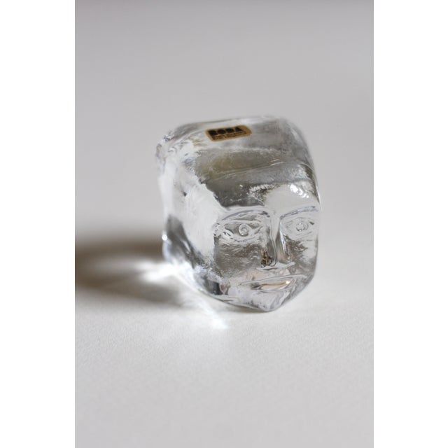 Midcentury Modern or Brutalist small glass face sculpture of solid glass. Made by Erik Hoglund for Kosta Boda. Gold...