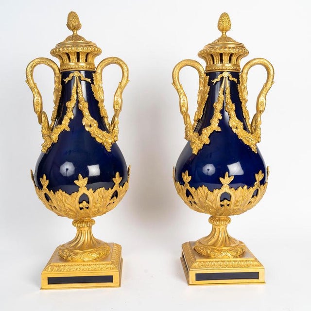 Lidded Vases in Sèvres Blue Porcelain and Gilded Bronze, Set of 2 For Sale - Image 9 of 10