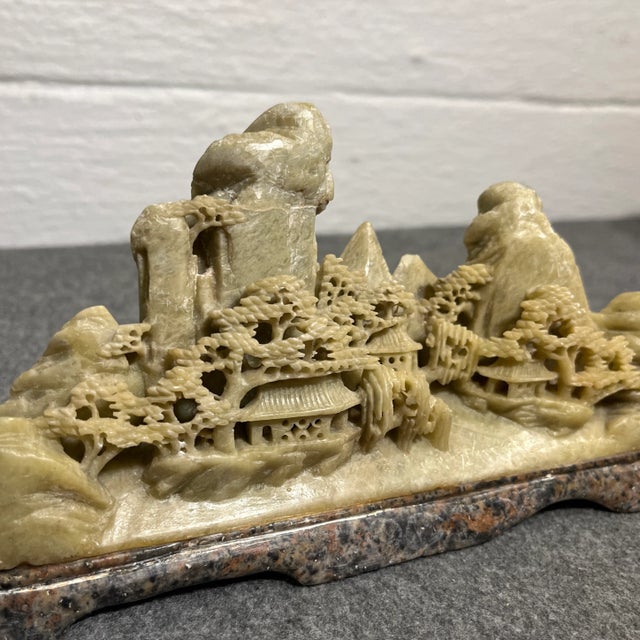 Mid 20th Century Chinese Light Green Soap Stone Landscape Carving