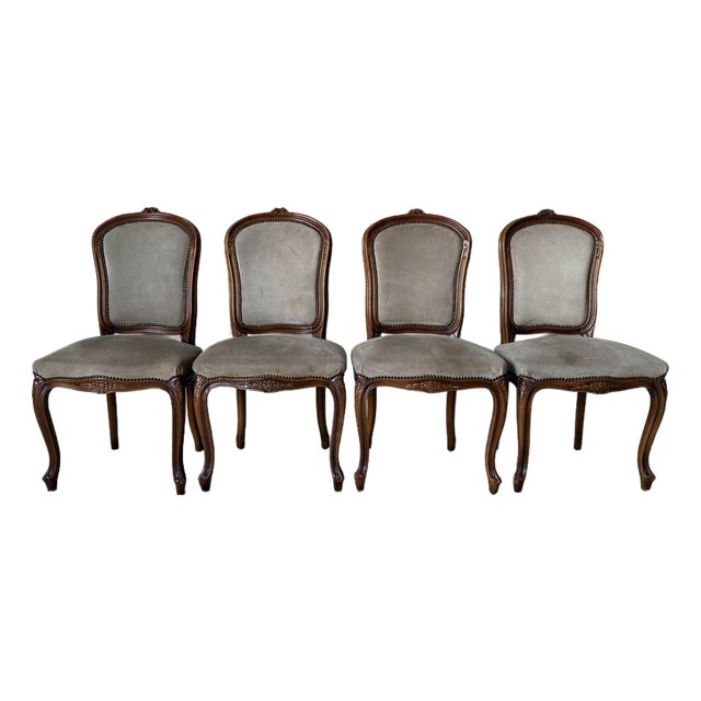 1970s Italian French Provincial Louis XV-Style Carved Wood & Suede Dining Chairs – Set of 4 For Sale