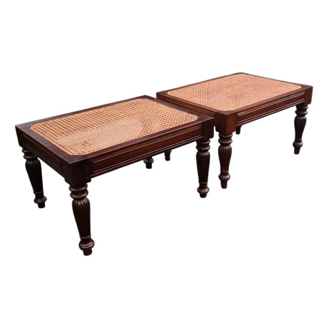 Pair of Vintage British Colonial-Style Hand-Caned Benches / Low Tables For Sale