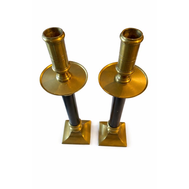 Hollywood Regency Vintage Pair of Black and Brass Candlesticks With Square Bases, 1970s – 12” For Sale - Image 3 of 5