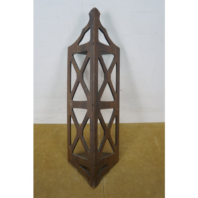 Mid Century Mahogany Reticulated Fretwork 3 Tier Corner Curio Display Shelf 27" For Sale - Image 4 of 13