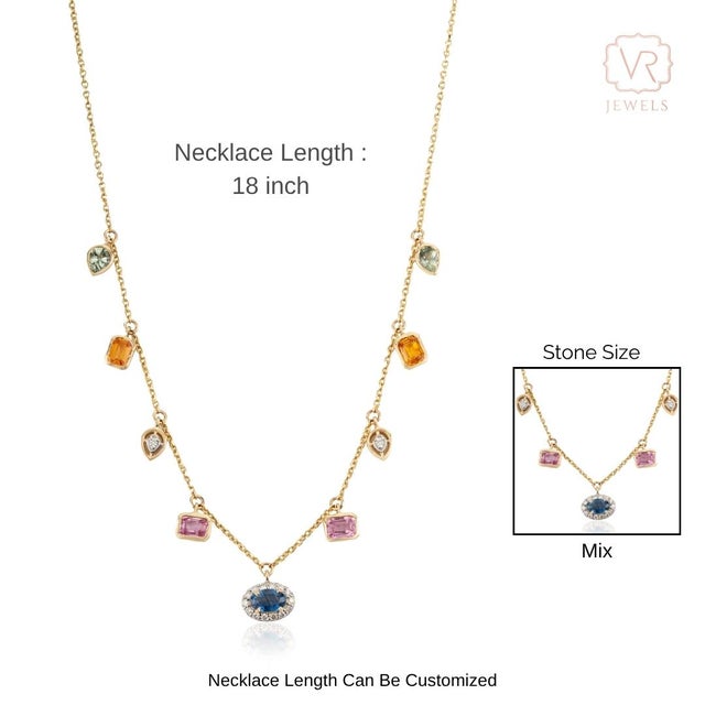 1.63ct Mixed Shape Rainbow Sapphire & Diamond Charm Necklace in 14k Yellow Gold For Sale - Image 9 of 14